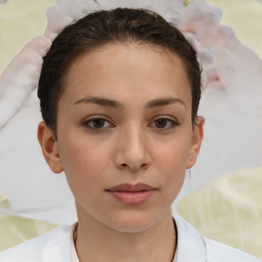 Joyful white young-adult female with short  brown hair and brown eyes