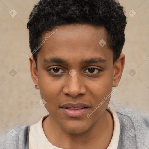 Joyful latino young-adult male with short  brown hair and brown eyes