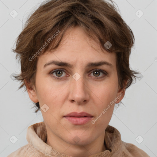 Neutral white young-adult female with medium  brown hair and brown eyes