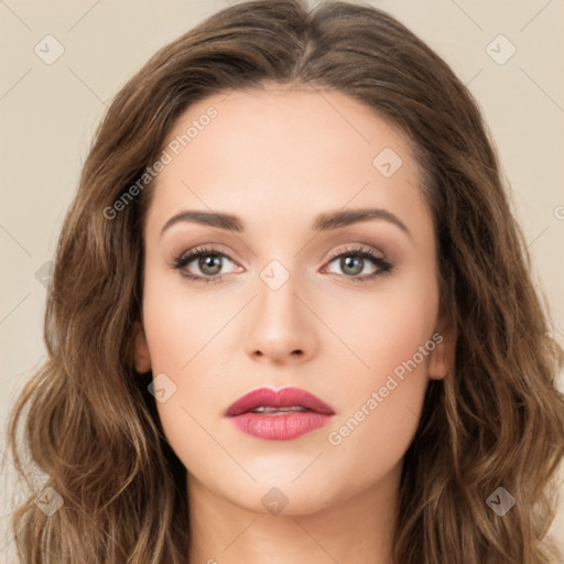 Neutral white young-adult female with long  brown hair and brown eyes