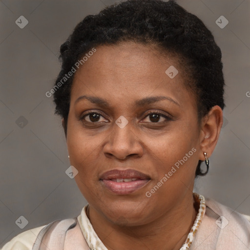 Joyful latino adult female with short  brown hair and brown eyes