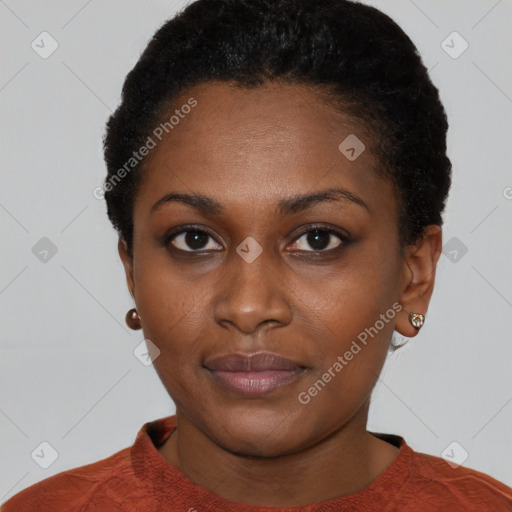 Neutral black young-adult female with short  black hair and brown eyes