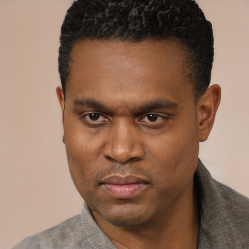 Neutral black young-adult male with short  black hair and brown eyes