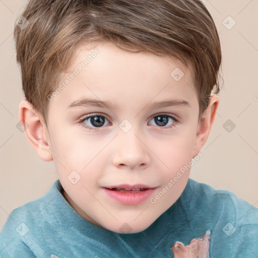 Joyful white child male with short  brown hair and grey eyes