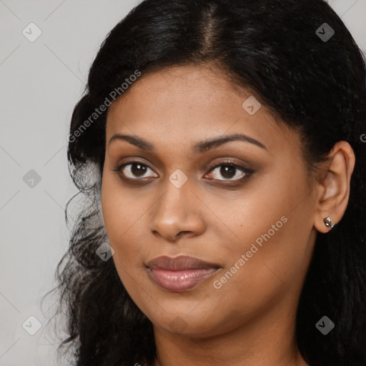 Joyful latino young-adult female with long  brown hair and brown eyes