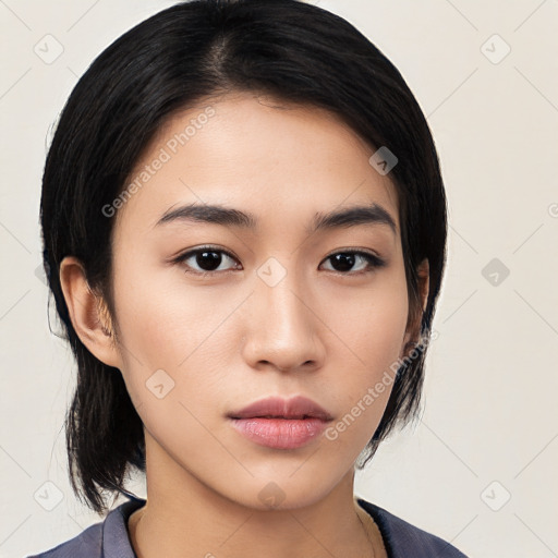 Neutral asian young-adult female with medium  black hair and brown eyes