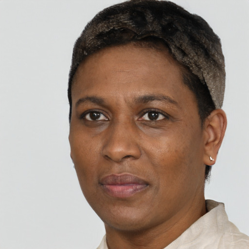 Joyful black adult female with short  black hair and brown eyes