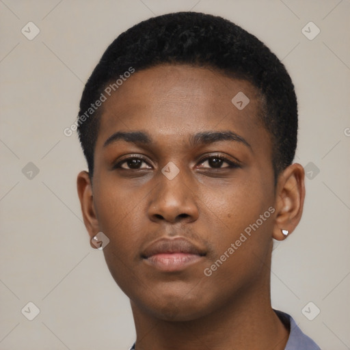 Neutral black young-adult male with short  black hair and brown eyes