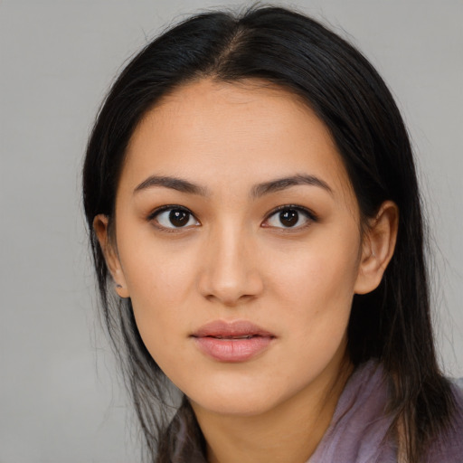 Neutral asian young-adult female with long  black hair and brown eyes