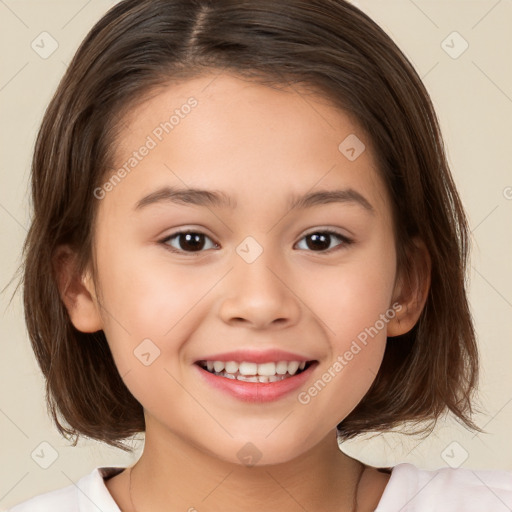 Joyful white child female with medium  brown hair and brown eyes