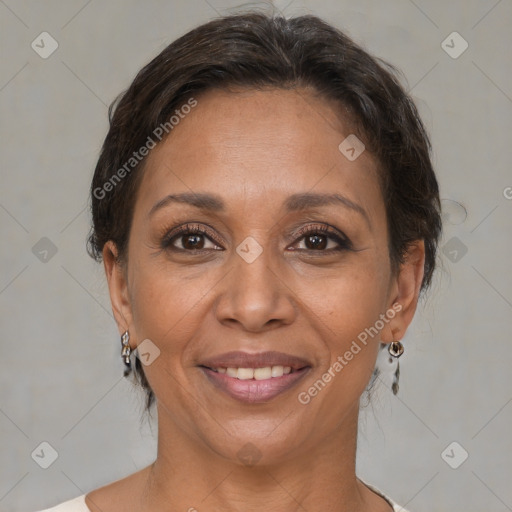 Joyful white adult female with medium  brown hair and brown eyes