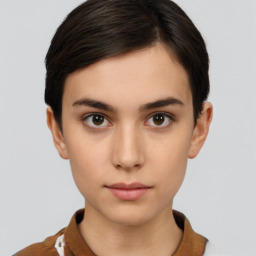 Neutral white young-adult female with short  brown hair and brown eyes