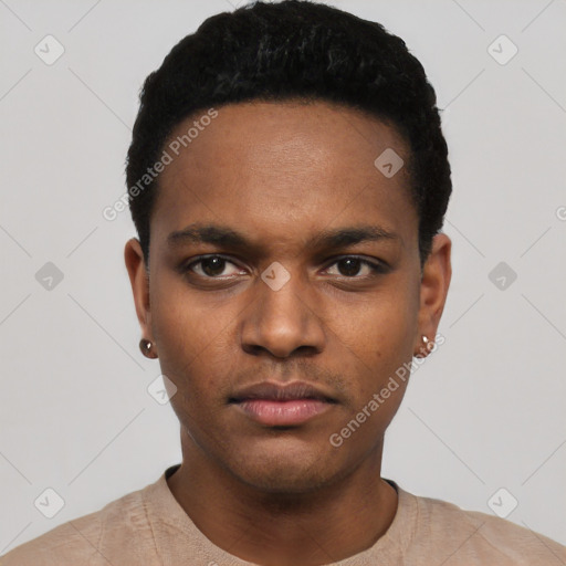 Neutral black young-adult male with short  black hair and brown eyes