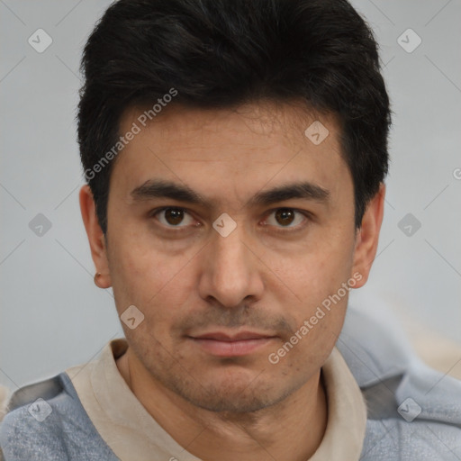 Neutral white adult male with short  black hair and brown eyes