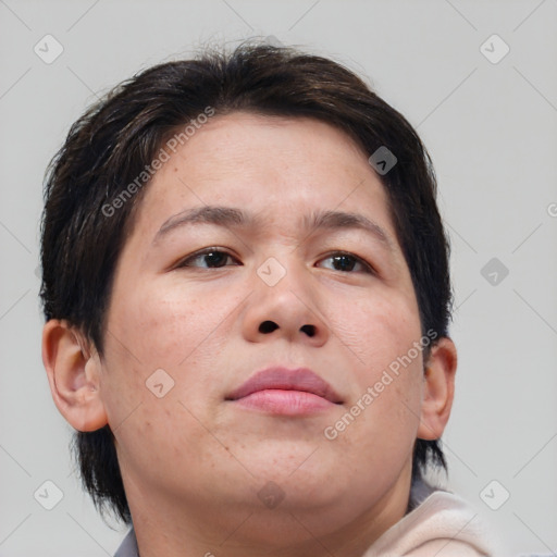 Neutral asian young-adult female with medium  brown hair and brown eyes