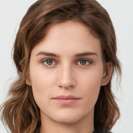 Neutral white young-adult female with medium  brown hair and grey eyes