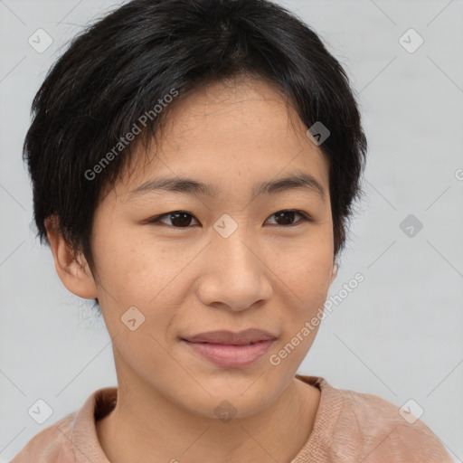 Joyful asian young-adult female with short  brown hair and brown eyes