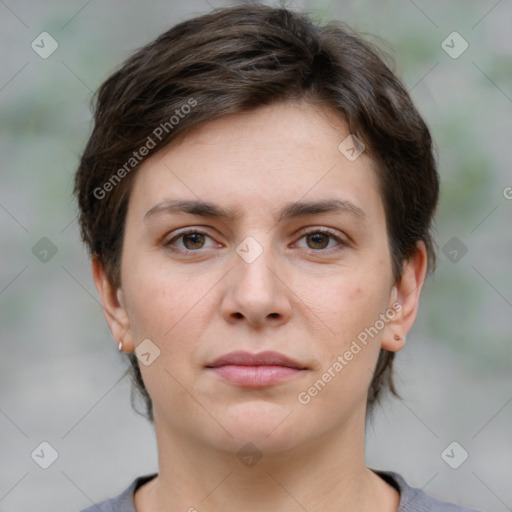 Neutral white young-adult female with medium  brown hair and brown eyes