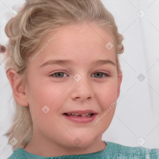 Joyful white child female with short  brown hair and blue eyes