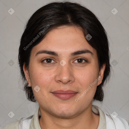 Joyful white young-adult female with medium  brown hair and brown eyes