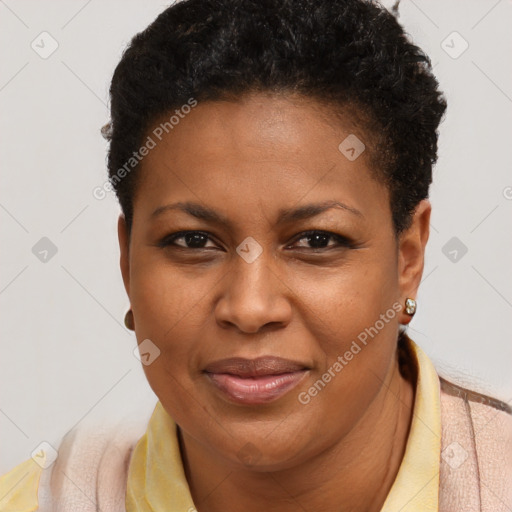 Joyful black young-adult female with short  brown hair and brown eyes