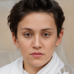 Neutral white young-adult female with short  brown hair and brown eyes