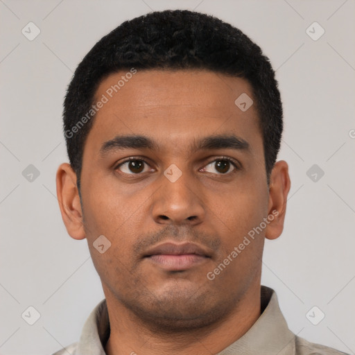 Neutral latino young-adult male with short  black hair and brown eyes