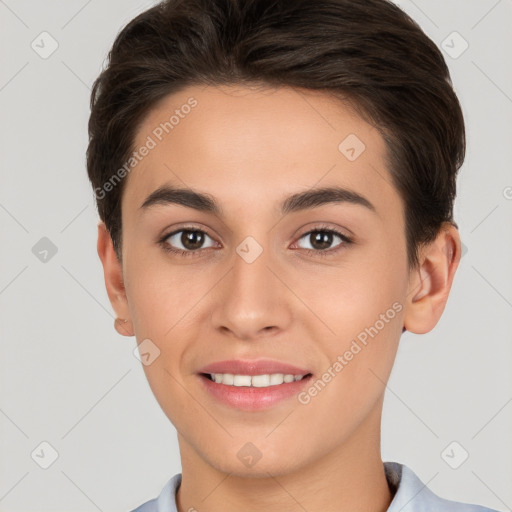 Joyful white young-adult female with short  brown hair and brown eyes