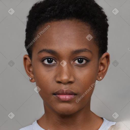 Neutral black young-adult female with short  brown hair and brown eyes