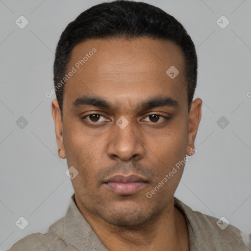 Neutral latino young-adult male with short  black hair and brown eyes