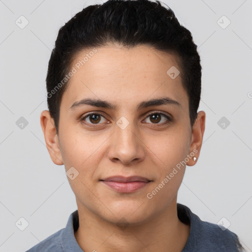 Joyful white young-adult female with short  black hair and brown eyes