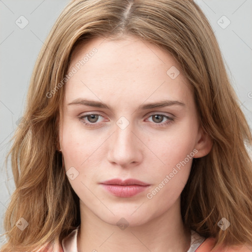 Neutral white young-adult female with long  brown hair and blue eyes