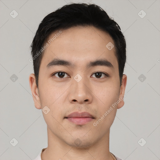 Neutral asian young-adult male with short  black hair and brown eyes