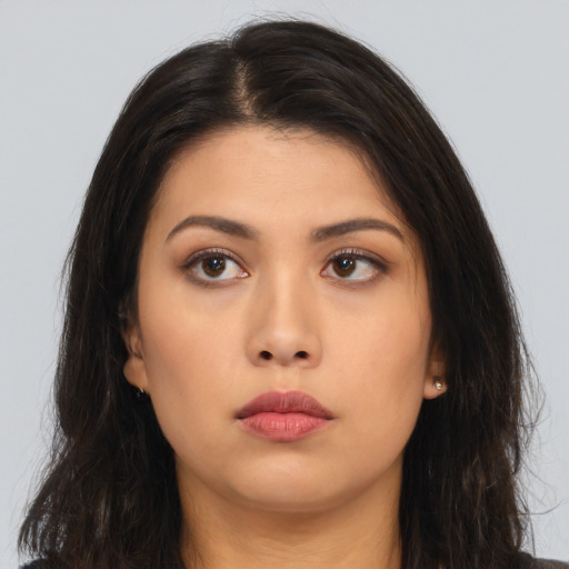 Neutral asian young-adult female with long  brown hair and brown eyes