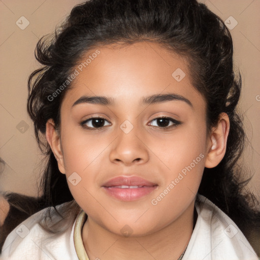 Joyful white child female with medium  brown hair and brown eyes