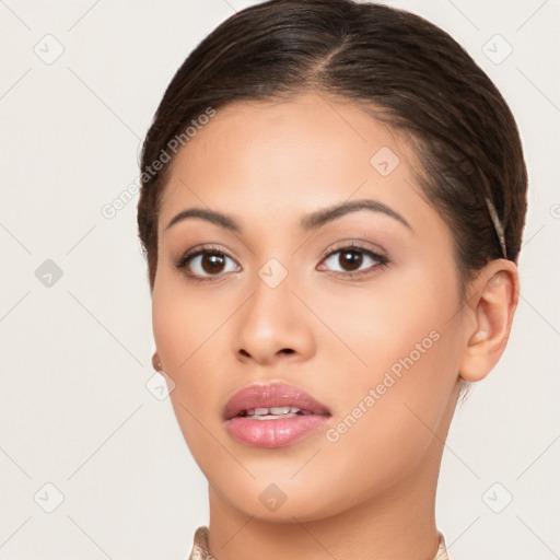 Neutral white young-adult female with medium  brown hair and brown eyes