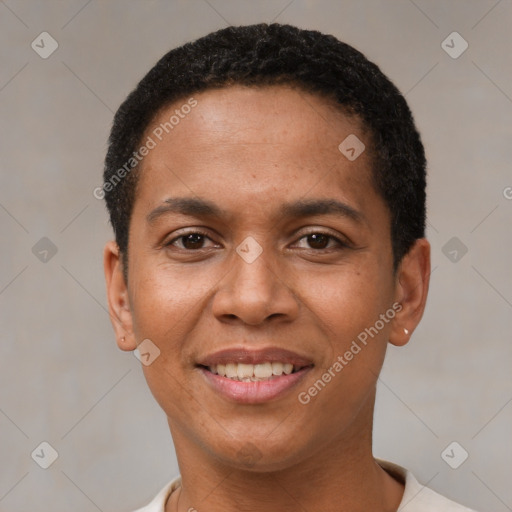 Joyful black young-adult male with short  black hair and brown eyes