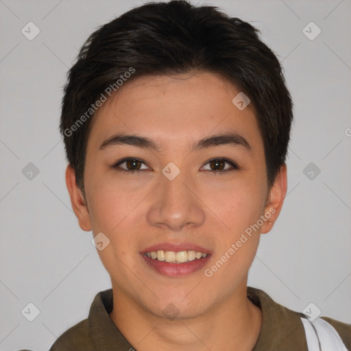 Joyful asian young-adult female with short  brown hair and brown eyes