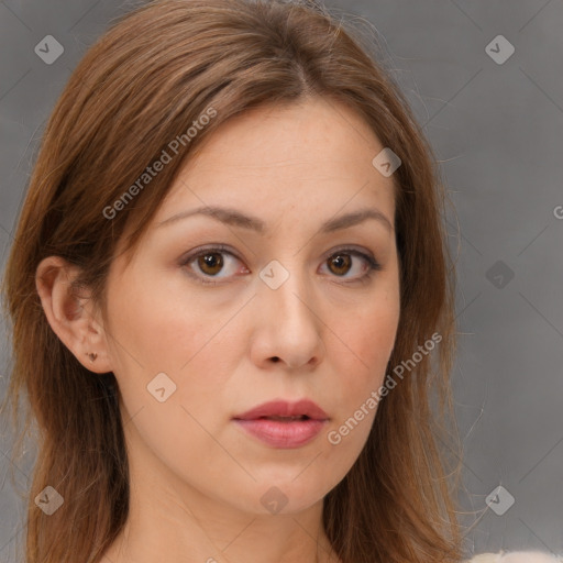 Neutral white young-adult female with long  brown hair and brown eyes