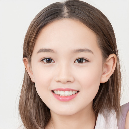 Joyful white child female with long  brown hair and brown eyes