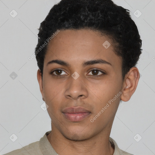 Neutral latino young-adult female with short  black hair and brown eyes