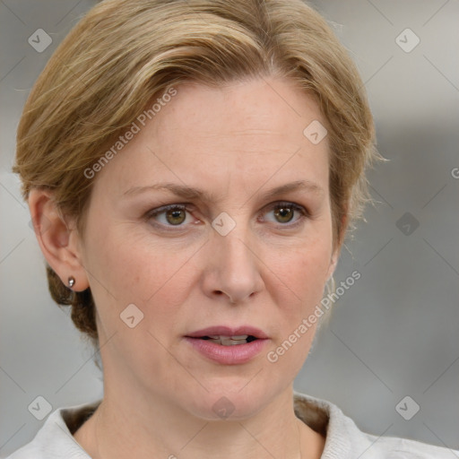 Joyful white adult female with medium  brown hair and blue eyes