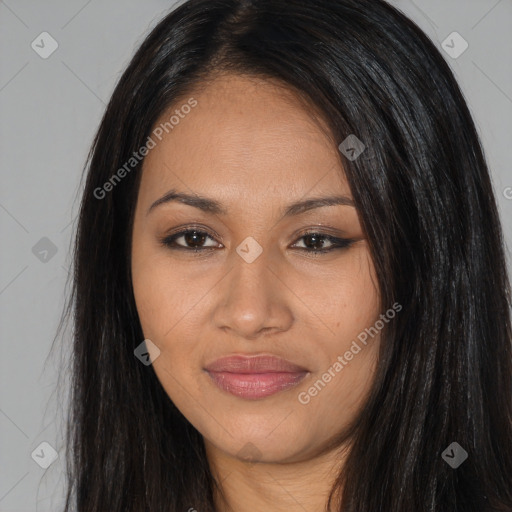 Joyful latino young-adult female with long  black hair and brown eyes