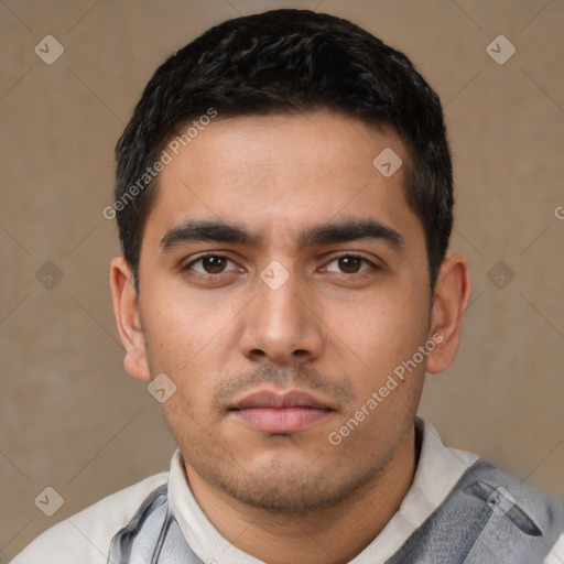 Neutral latino young-adult male with short  black hair and brown eyes