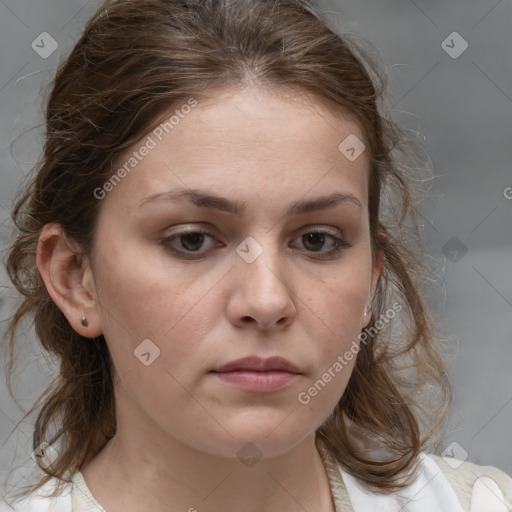 Neutral white young-adult female with medium  brown hair and grey eyes