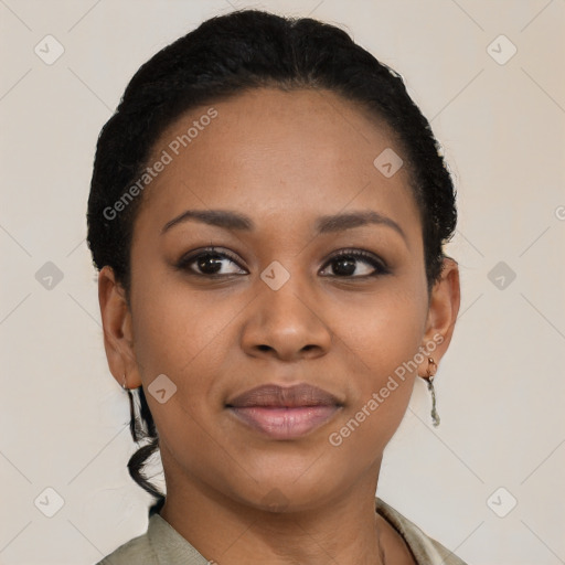 Joyful latino young-adult female with short  black hair and brown eyes