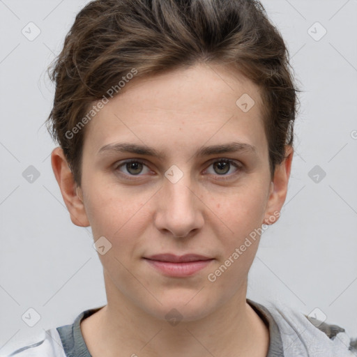 Joyful white young-adult female with short  brown hair and grey eyes