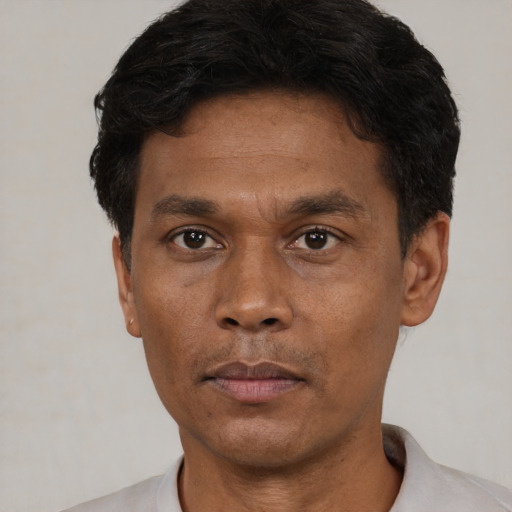 Neutral black adult male with short  black hair and brown eyes