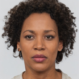 Neutral black adult female with short  brown hair and brown eyes