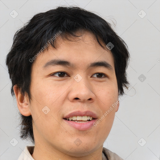 Joyful asian young-adult male with medium  brown hair and brown eyes